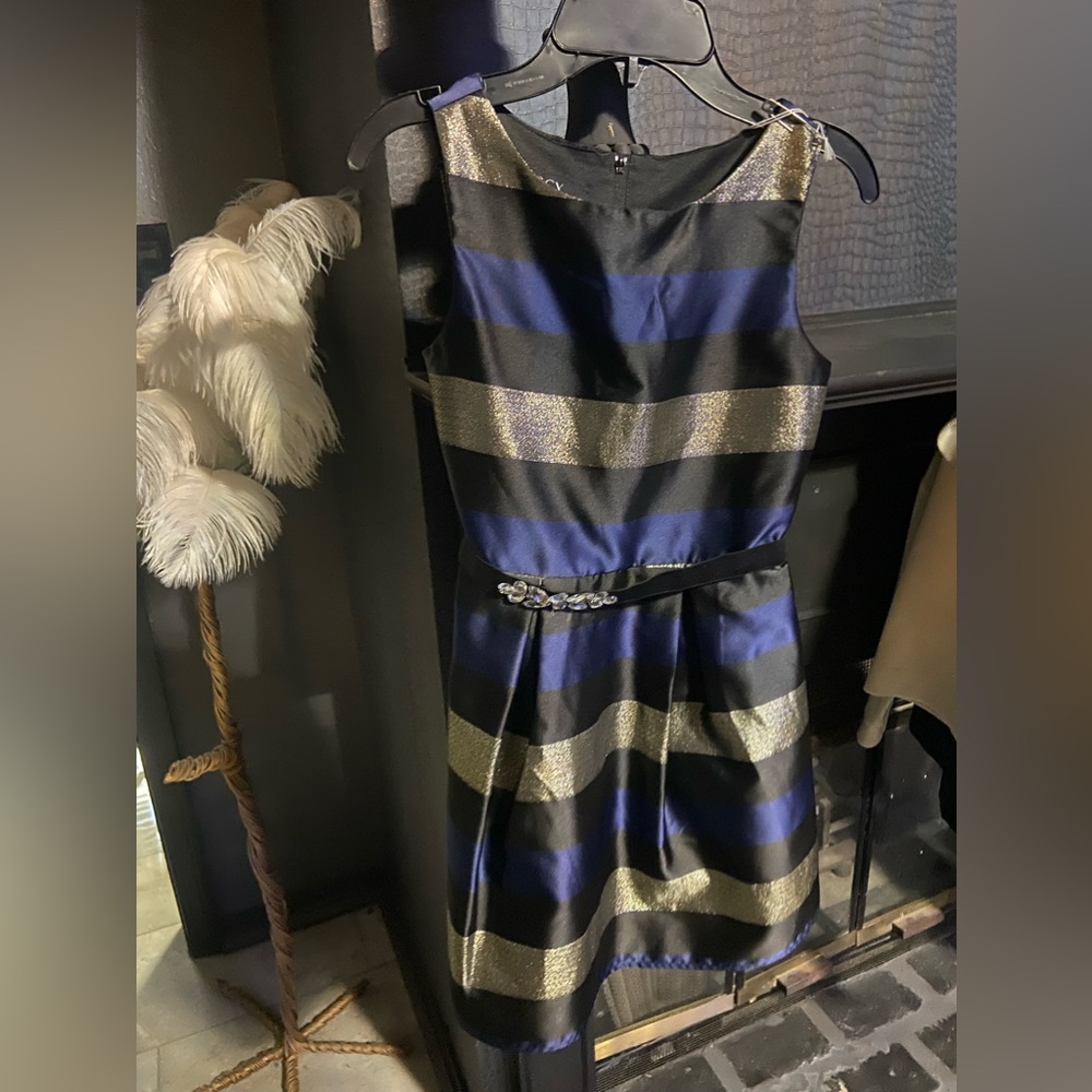 bcc girl dress navy, black and gold with rhinestone belt